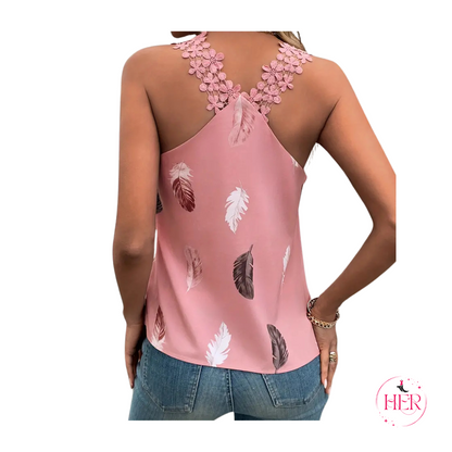 Feather Print Lace Tank Top