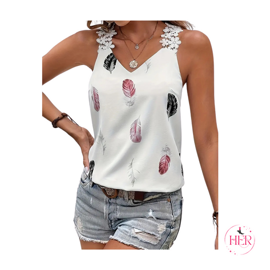 Feather Print Lace Tank Top