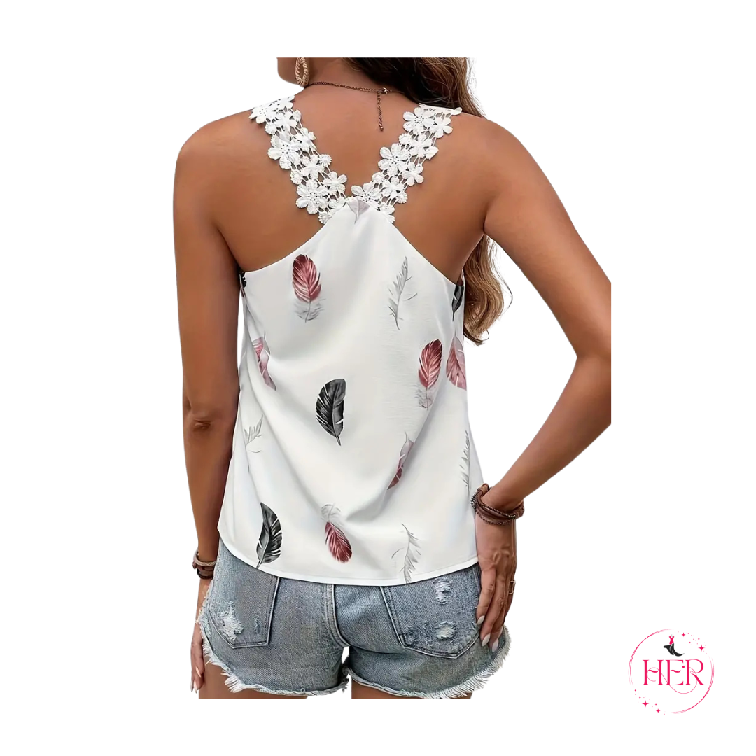 Feather Print Lace Tank Top