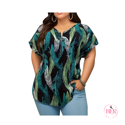 Feather Print Plus Size Top